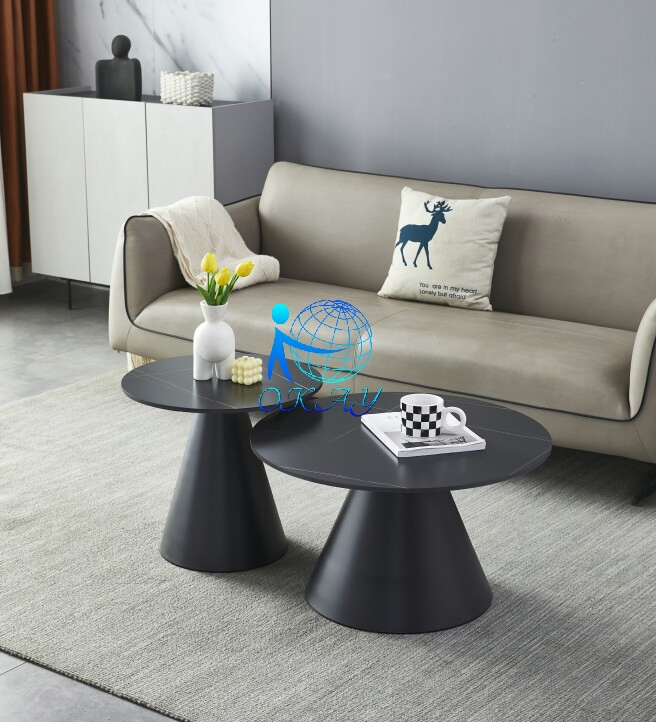 Contemporary Round Nesting Coffee Table Black Gold Metal Side Glass Marble MDF Wooden 3 Pieces Tea Coffee Table Set Center Table
