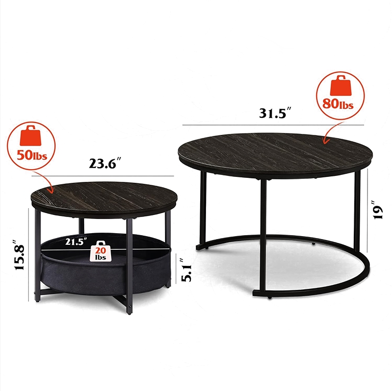 Industrial Minimalist Nesting Coffee Table Set of 2 Wooden Round with Hidden Storage for Living Room