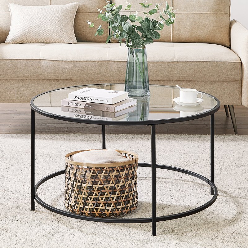 Modern Center Living Room Table Black Tempered Glass Accent Side Table with Metal Frame Coffee Table Furniture