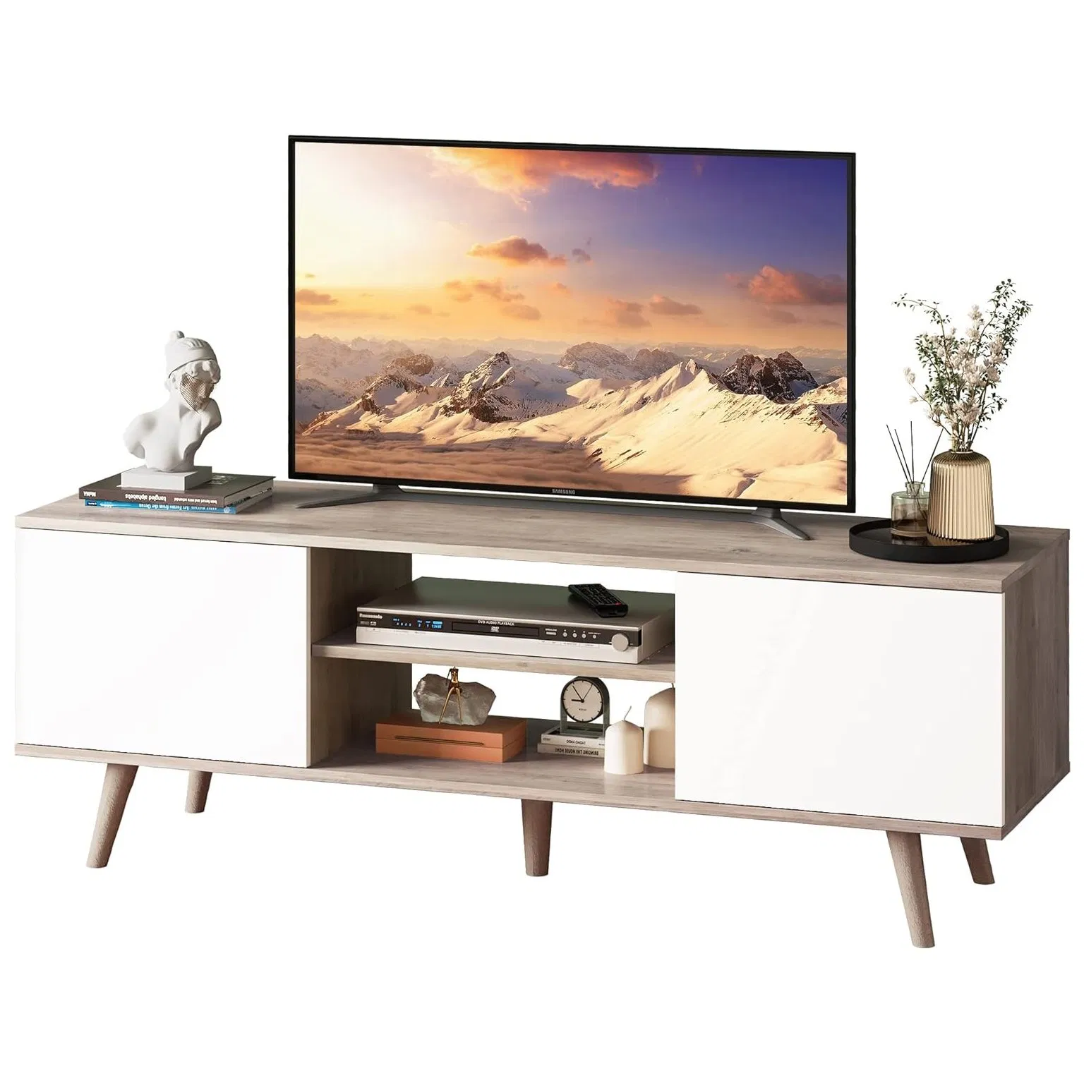 Wide Two Tier TV Console Table with Tapered Legs and Open Storage Shelves