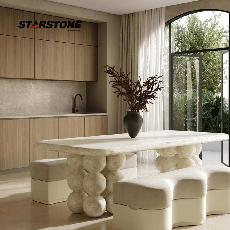 Starstone Home Furniture Cream Moon Beige Marble Ball-Base Oval Dining Table