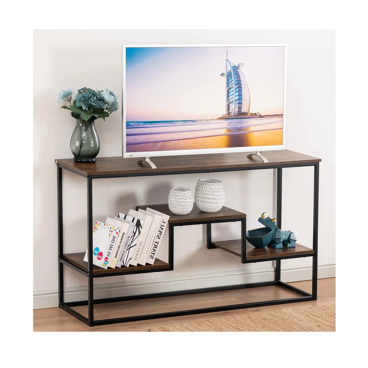 TV Cabinet with 3 Tier Storage Shelves Entertainment Center TV Console Table with Metal Frame for Living Room