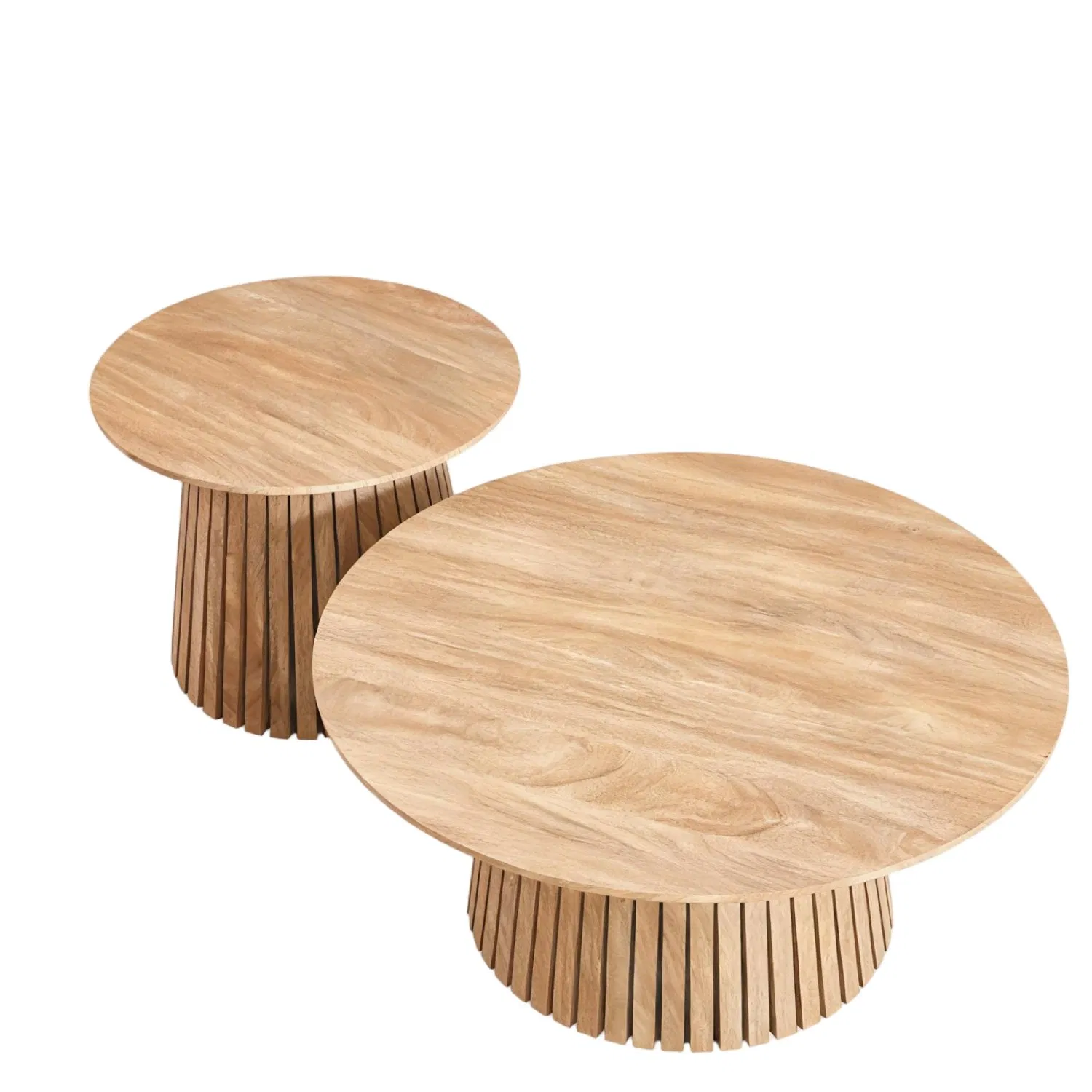Natural Finish Round Nesting Table Set Ribbed Wooden Base Functional Coffee/Side Tables for Living Room