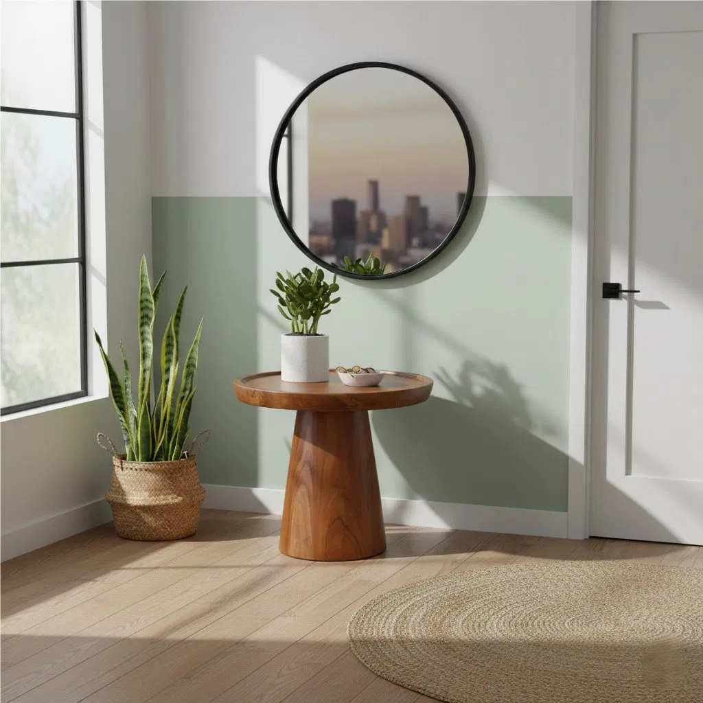 Teak Round Table, Flared Pedestal Base, Modern Accent Side Table