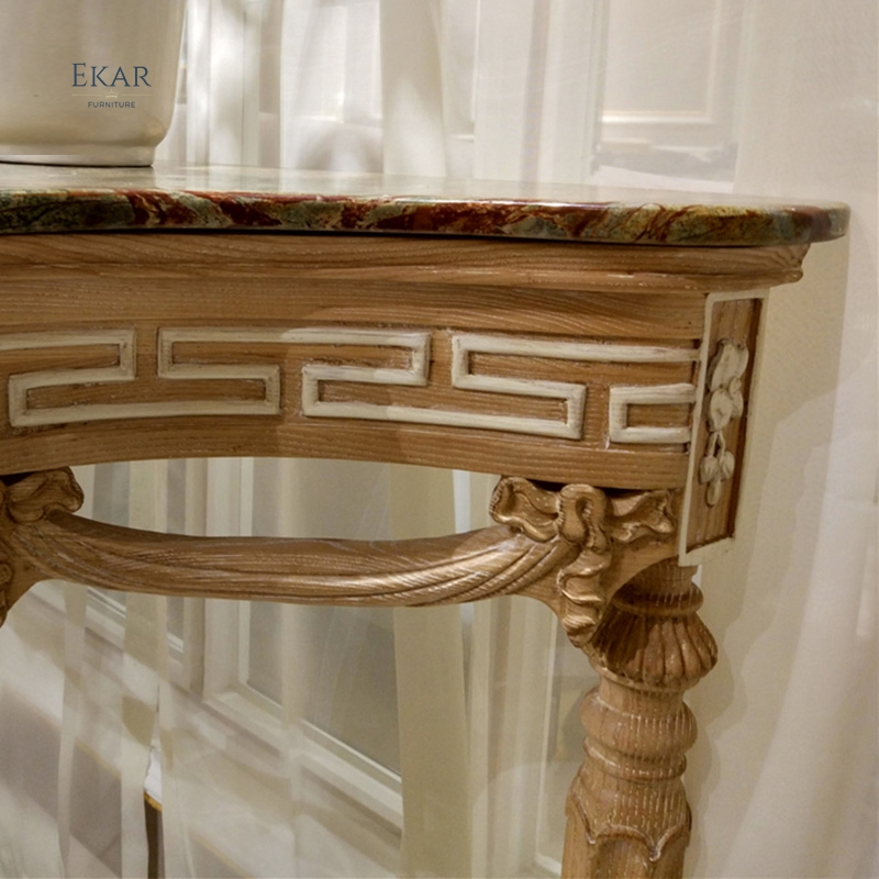 Hallway Vintage Antique Luxury Hotel Wood Curved Half Moon Marble Console Table with Storage