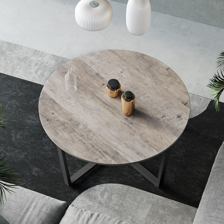 Living Room Small Industrial Style Gray Round Wooden Coffee Table