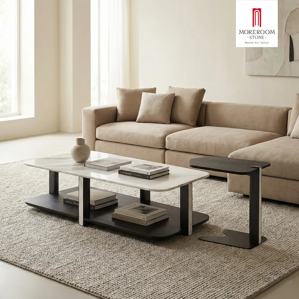 Minimalist Grey Sintered Stone Coffee Table Matte Finish with Wooden Base for Contemporary Industrial Home Decor