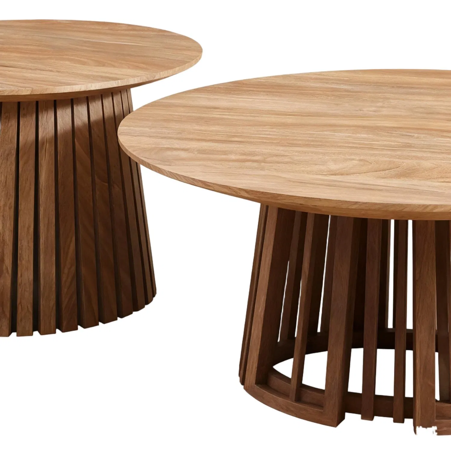 Natural Finish Round Nesting Table Set Ribbed Wooden Base Functional Coffee/Side Tables for Living Room