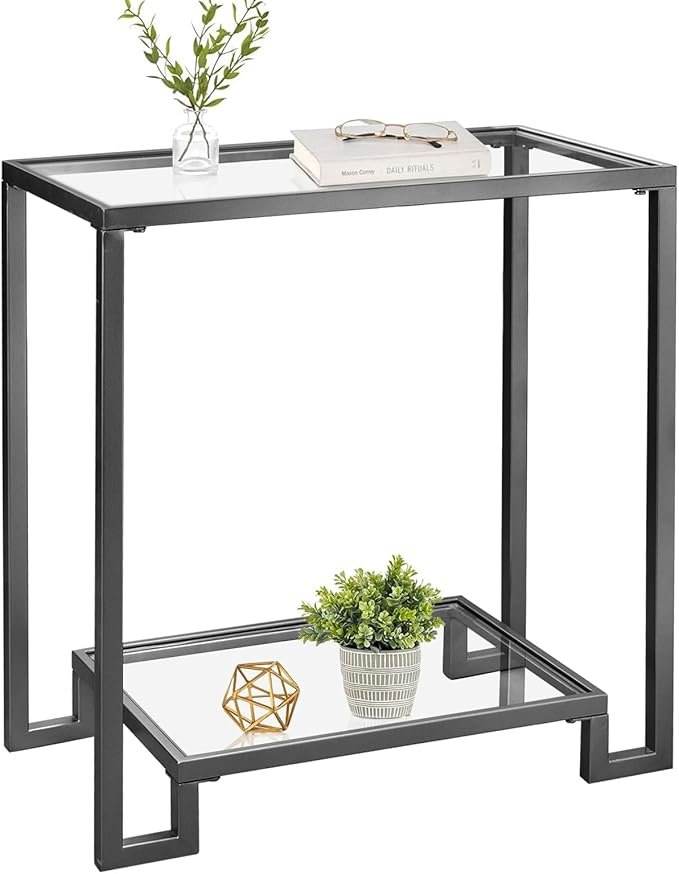 Modern 2-Tier Glass Console Smart Coffee Table Golden Iron Legs Anti-Tip Device Black Rectangle Sofa Side Desk for Living Room Entryway Foyer
