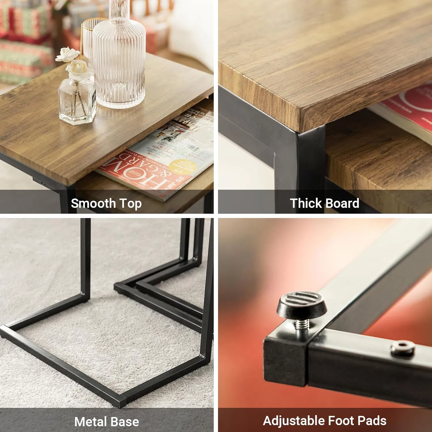 3-Piece Nesting Side Table Set with Wood-Grain Top and Sturdy Metal Frame for Living Room Arrangement