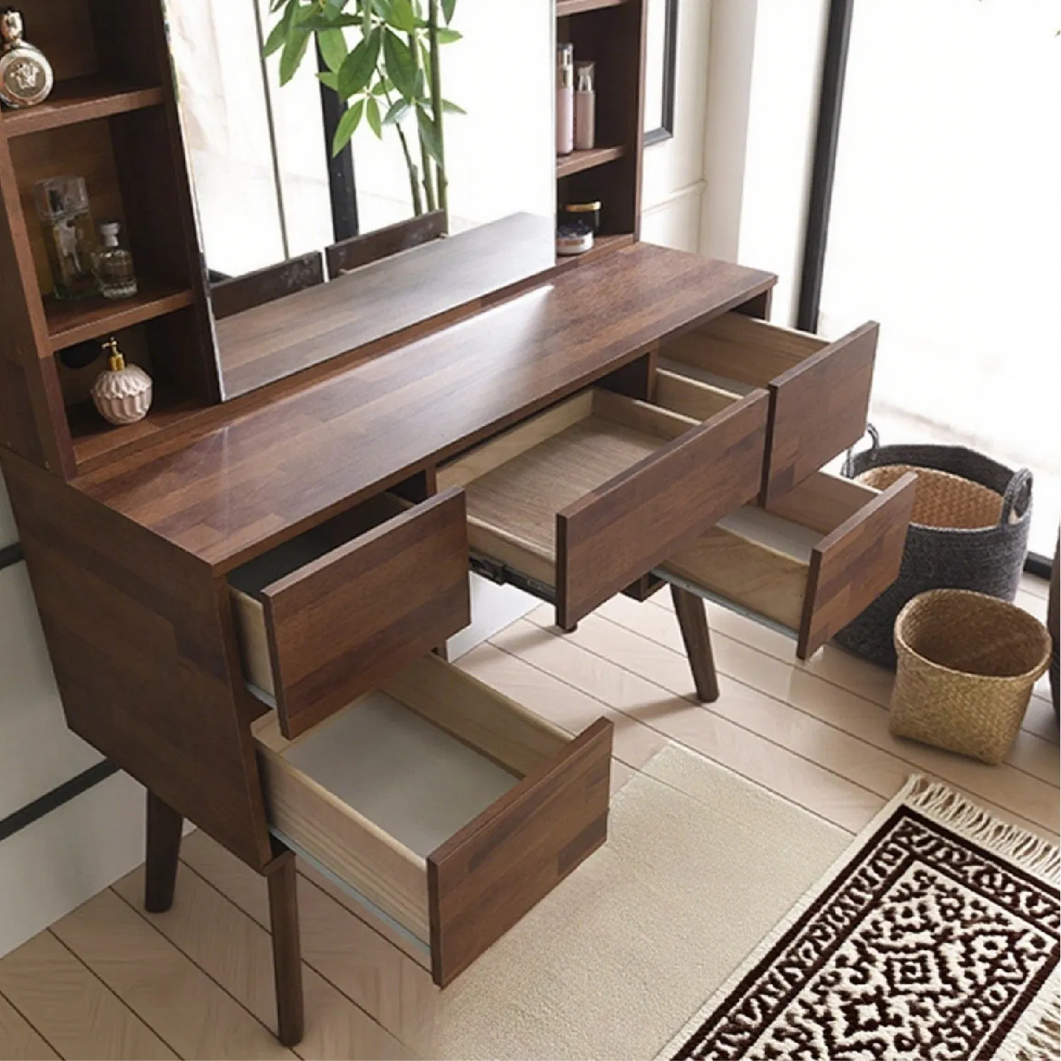 Nordic Wooden Console with Mirror Dresser Storage Makeup Dressing Table