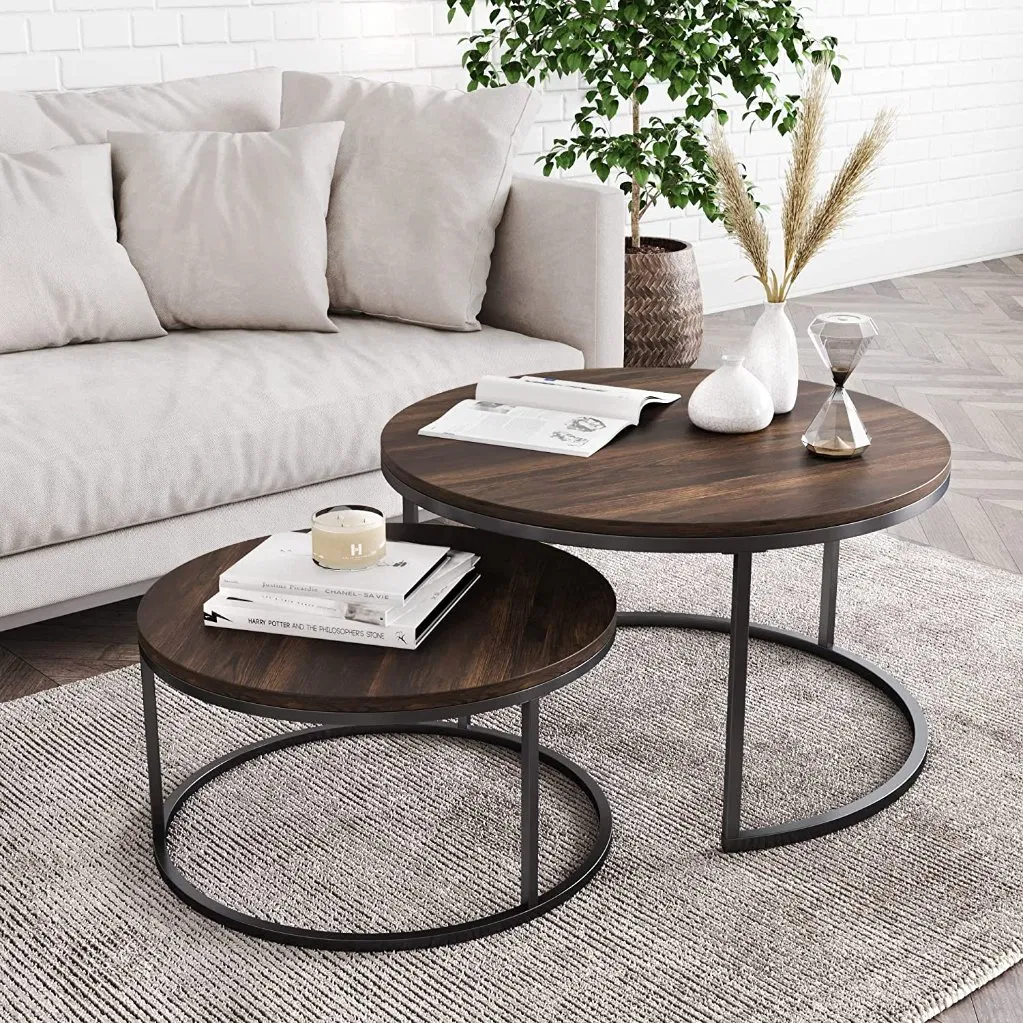 Modern Living Room Home Round Metal Wooden Nesting Coffee Tables Set of 2, Side Coffee Table with Solid Metal Frame