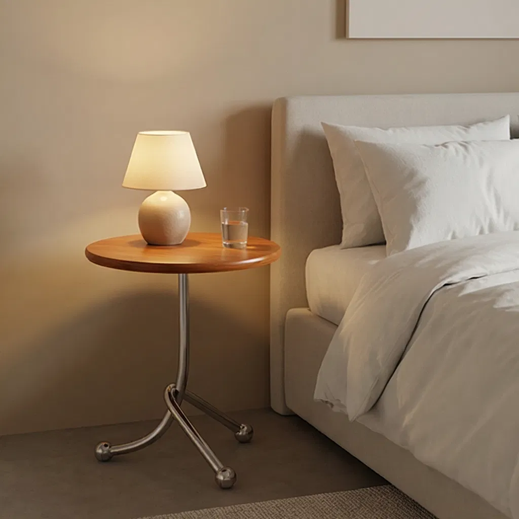 Contemporary Round Tabletop Chrome Tripod Base Reflective Metal Support Bedroom Accent Side Table