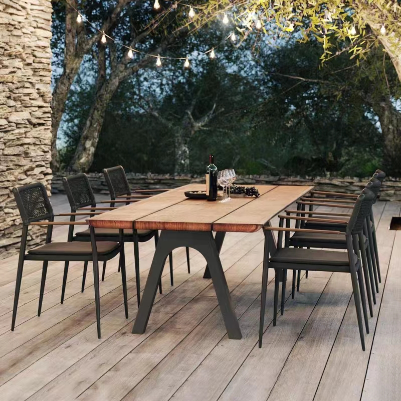 High-End Villa Patio Patio Teak Long Dining Table Outdoor Furniture Garden Casual Solid Wood Table and Chair Set