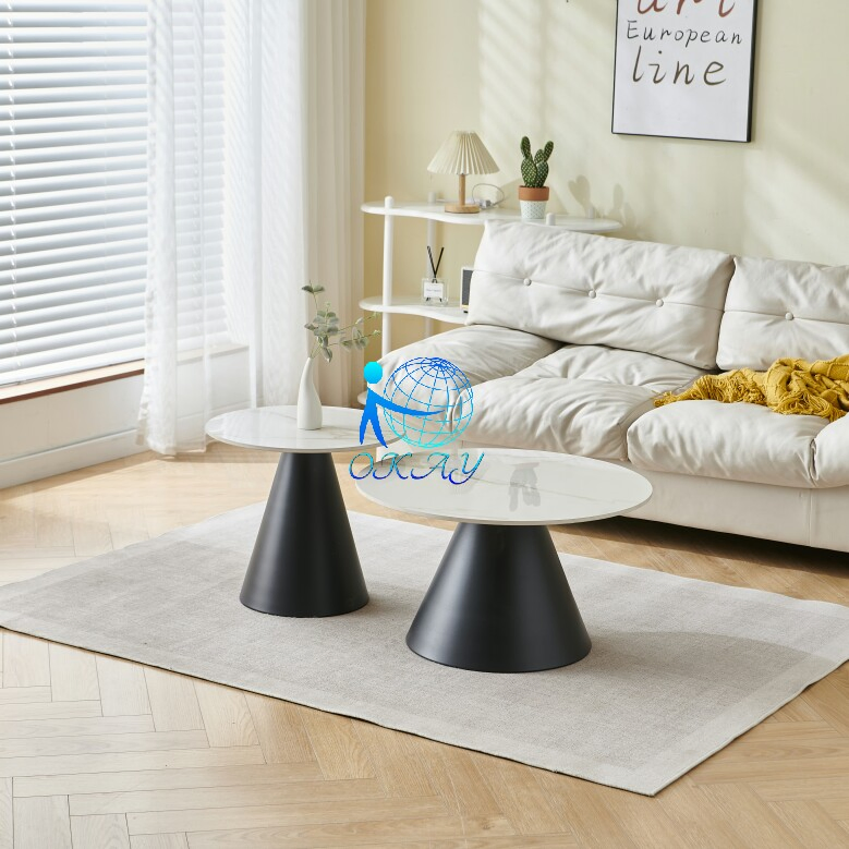 Contemporary Round Nesting Coffee Table Black Gold Metal Side Glass Marble MDF Wooden 3 Pieces Tea Coffee Table Set Center Table