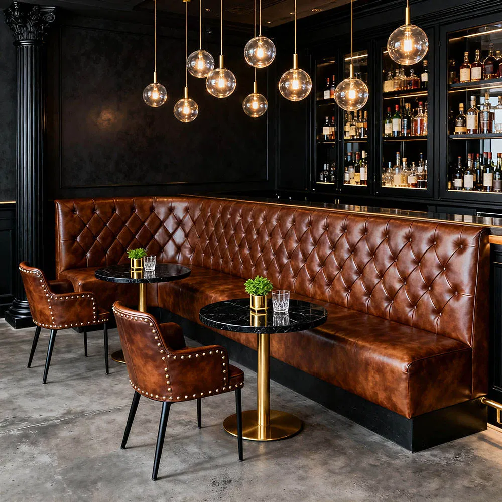 Customize European Vintage Leather Cover Wooden Frame Restaurant Furniture Set with Chesterfield Sofa Booth Seating High End Table and Booth