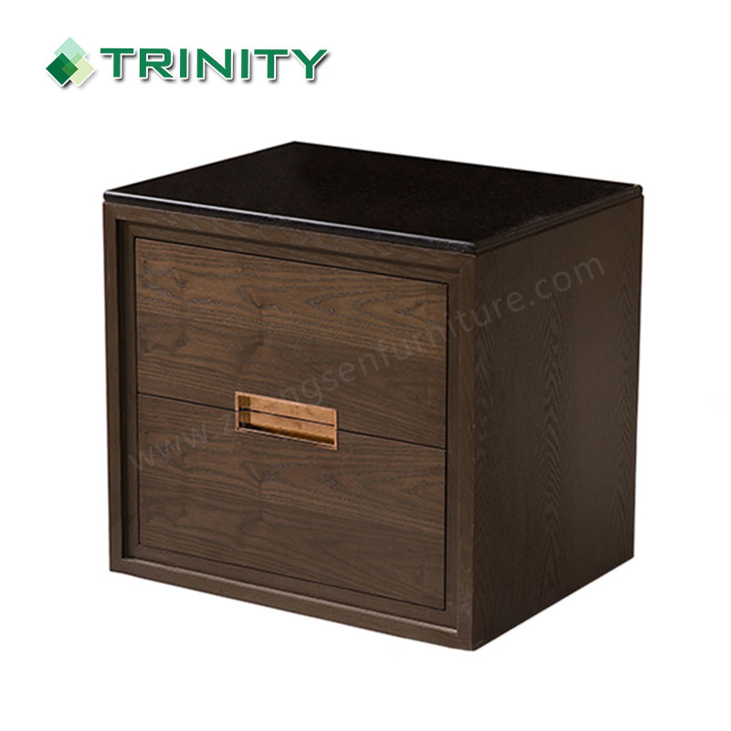 Marble Top Wooden Two Layer Walnut Wood Veneer Bedside Table for Hotel Bedroom