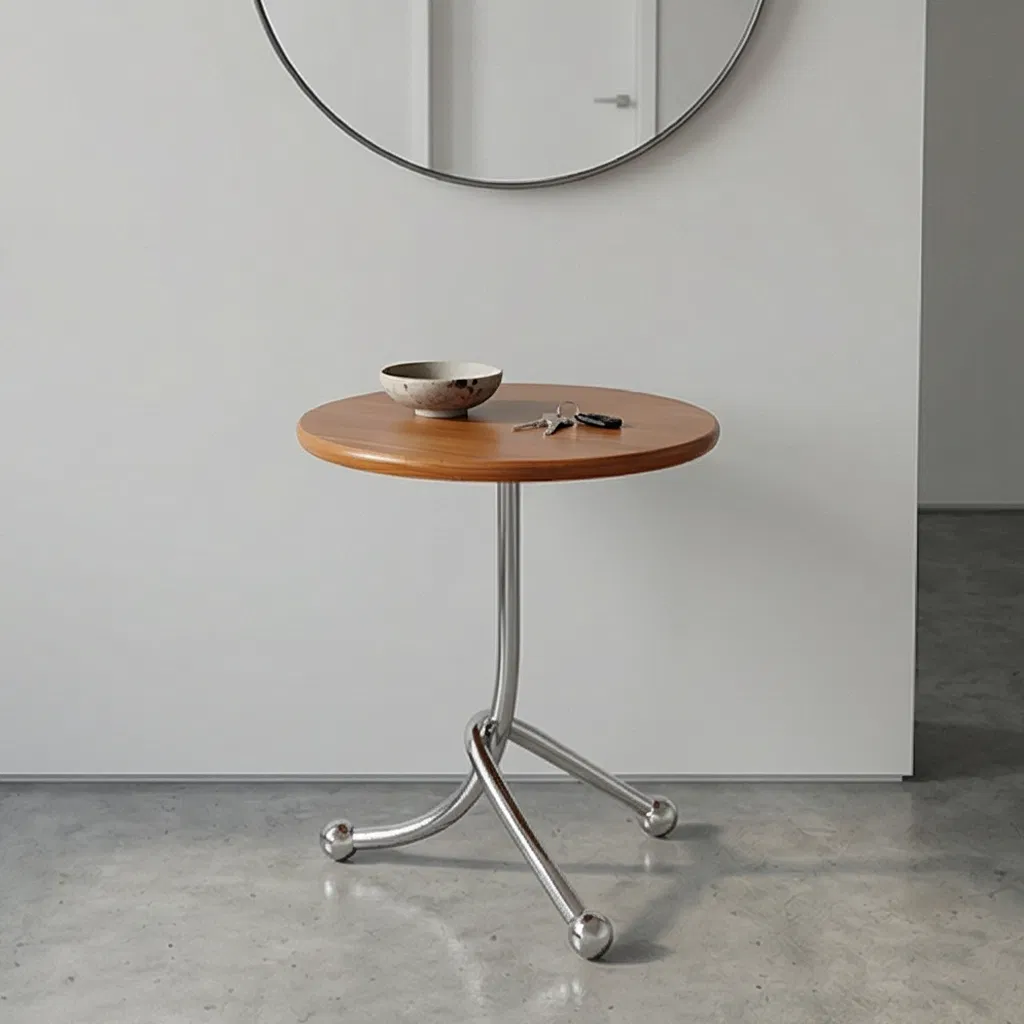 Contemporary Round Tabletop Chrome Tripod Base Reflective Metal Support Bedroom Accent Side Table