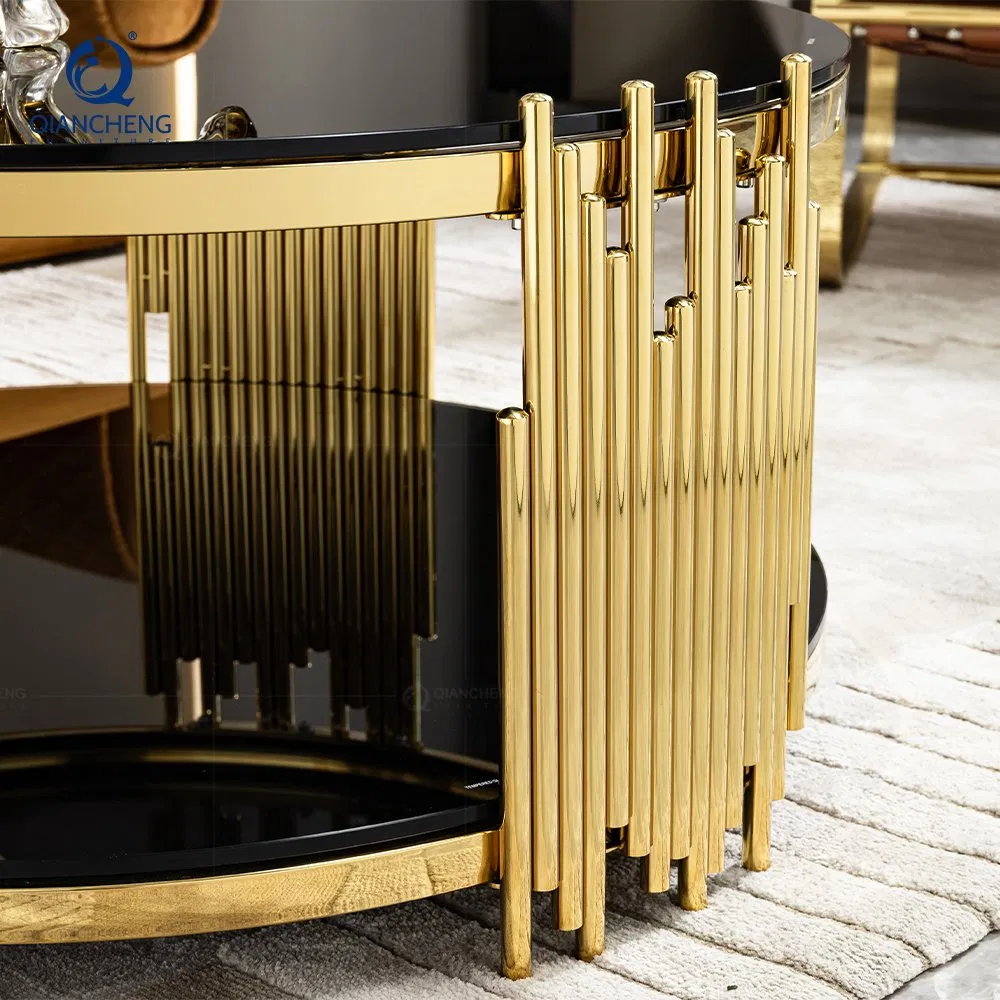 Modern Luxury Golden 2 Layer Black Tempered Glass Top Round Coffee Table