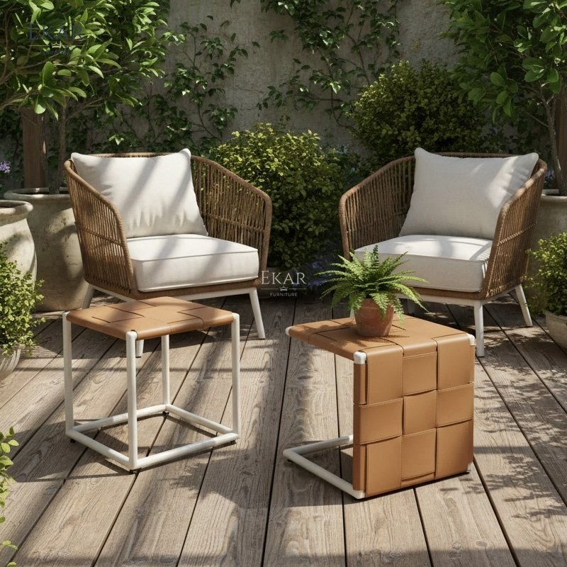 Lace Outdoor Woven Leather Side Table Modern Patio End Table Metal Frame