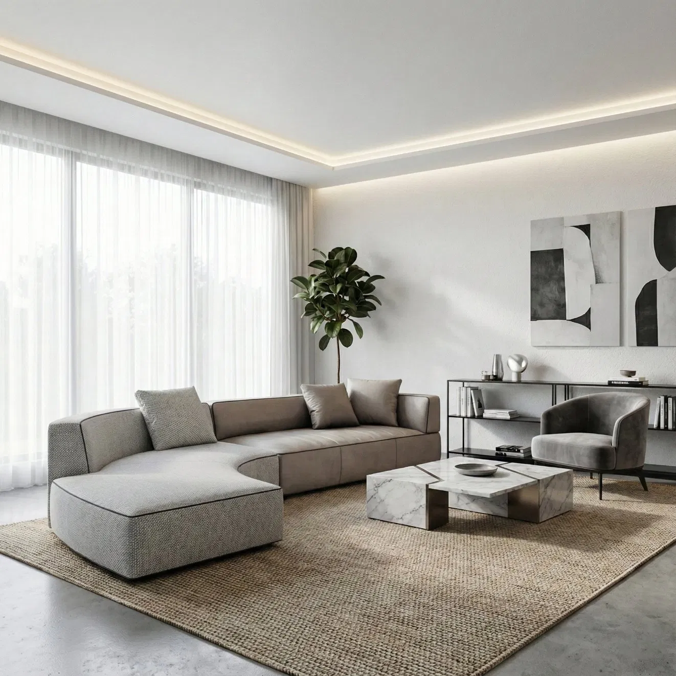 High End Modern Living Room Set Curved Sectional Sofa Set with Round Marble Coffee Table