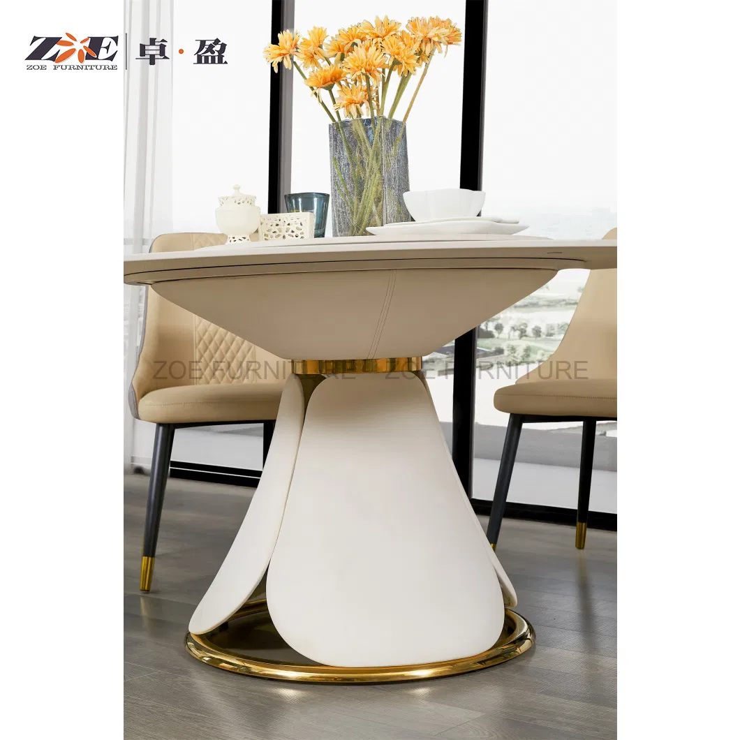 Trending Luxury Dining Set Collection: Sintered Stone Table with Marble Pattern &amp; Stainless Steel Base