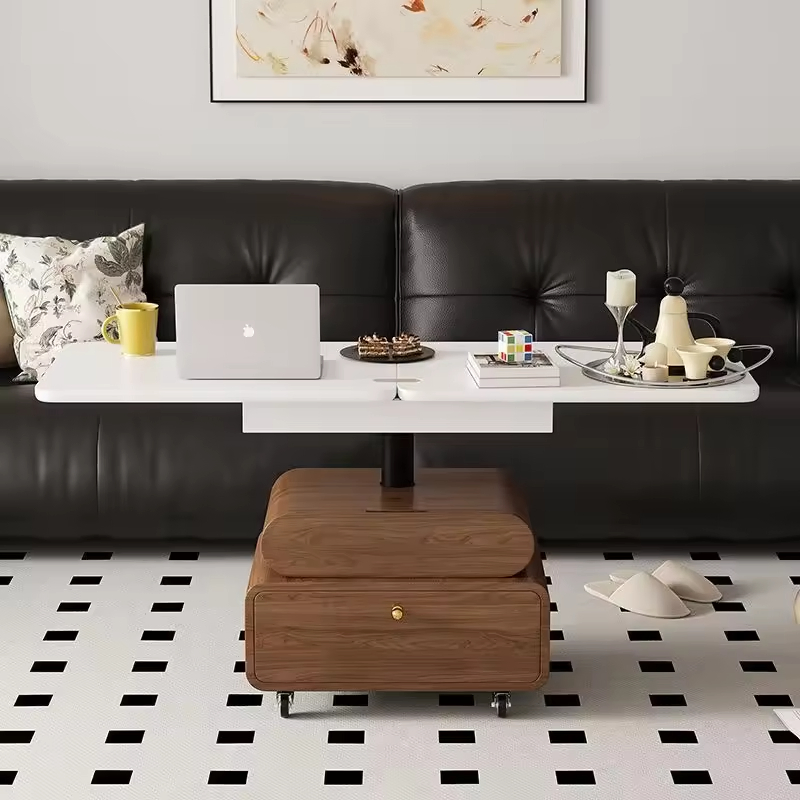 2-in-1 Lift-Top Folding Coffee Table &amp; Dining Table Vintage Mobile Solid Wood with Storage for Compact Living Rooms