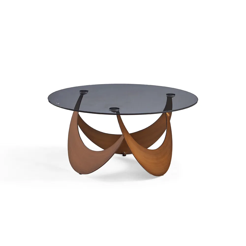 Luxury Modern Furniture Living Room Dark Gray Glass Top Round Coffee Table with Antique Bronze Carbon Steel Tripod