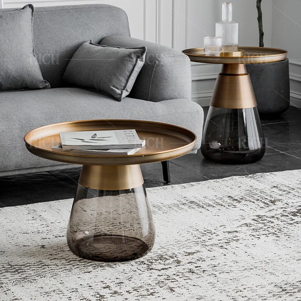 Interior Removable Retro Brass Top Coffee Table with Transparent Glass Base