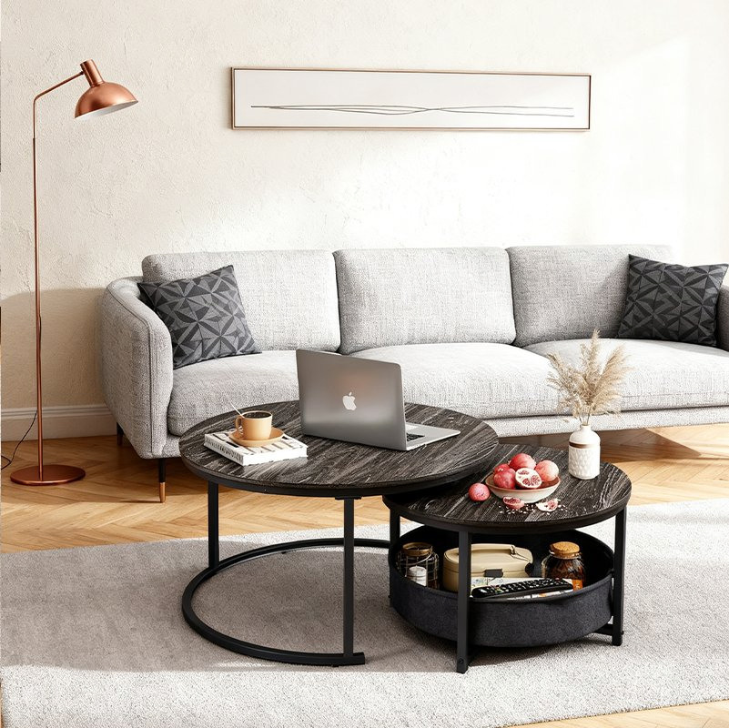 Industrial Minimalist Nesting Coffee Table Set of 2 Wooden Round with Hidden Storage for Living Room