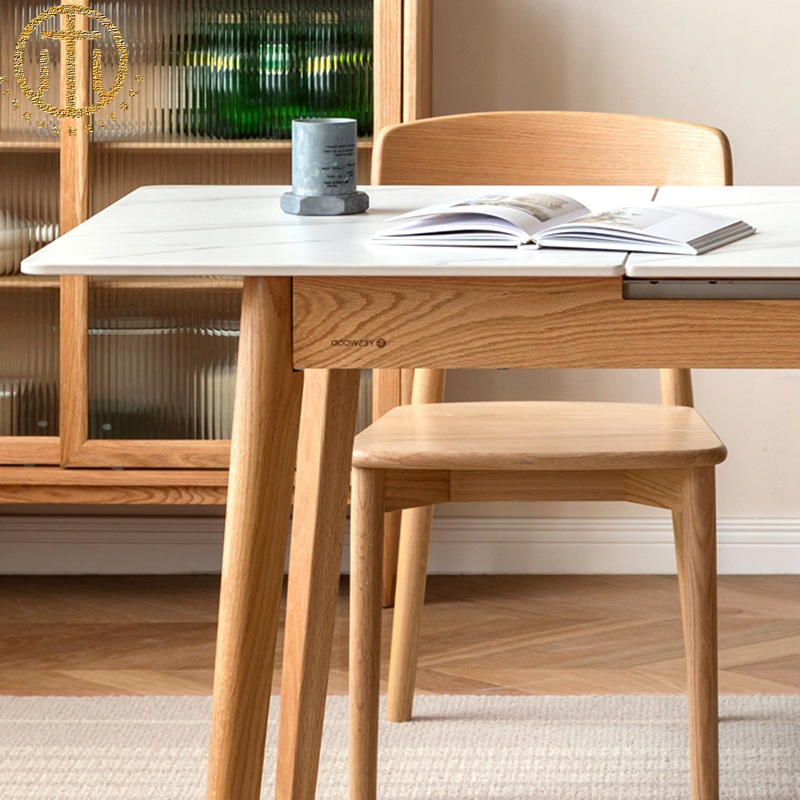 Nordic Red Oak Wood Slate Retractable Extendable Dining Table