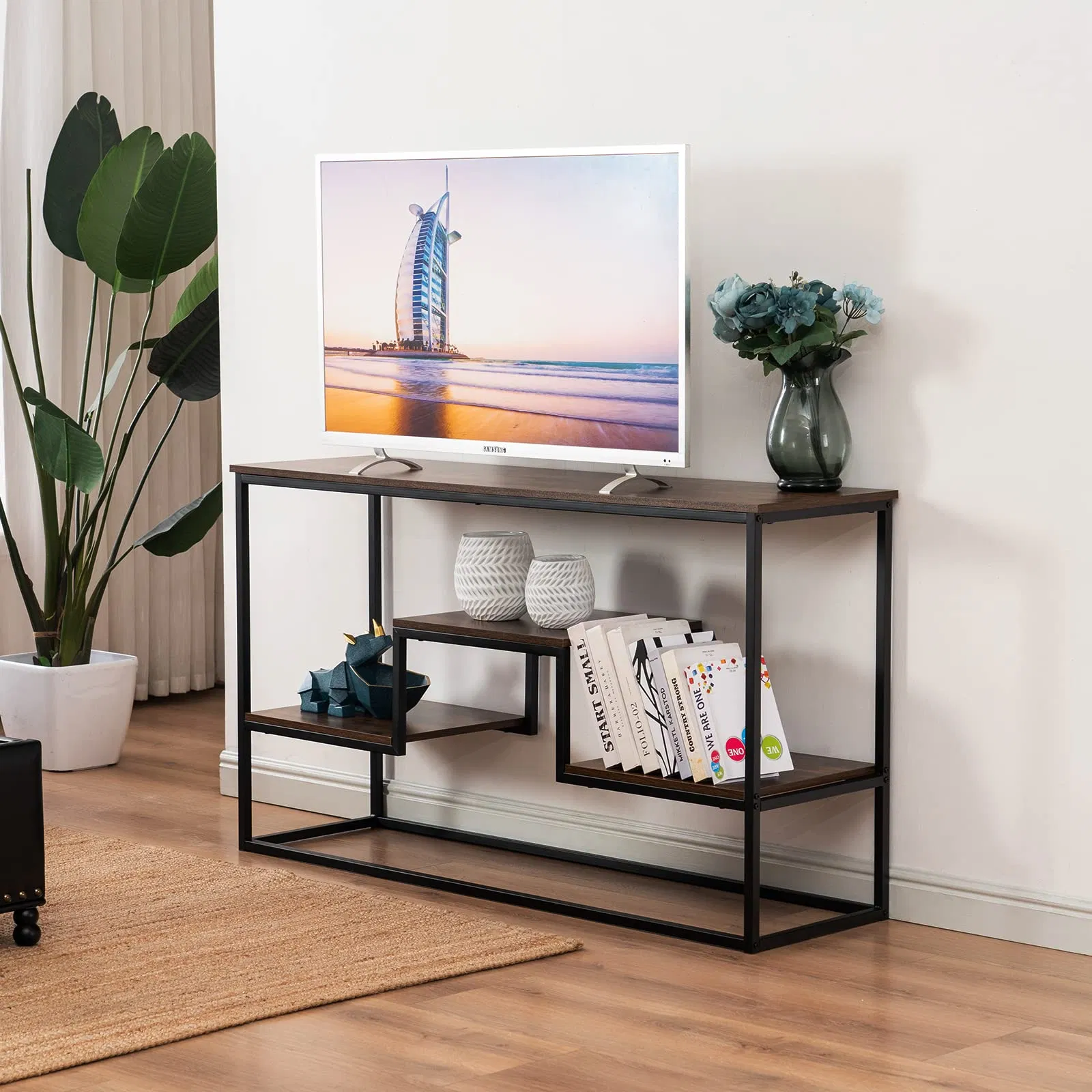 TV Cabinet with 3 Tier Storage Shelves Entertainment Center TV Console Table with Metal Frame for Living Room