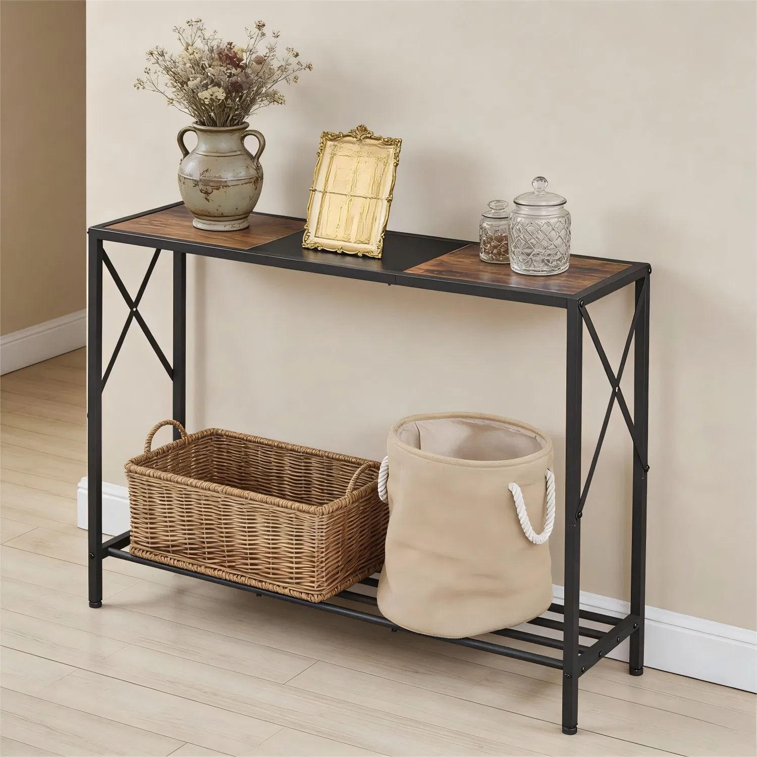 Industrial Black Metal X-Frame Rustic Wood Console Table with Bottom Storage Rack for Home Furniture
