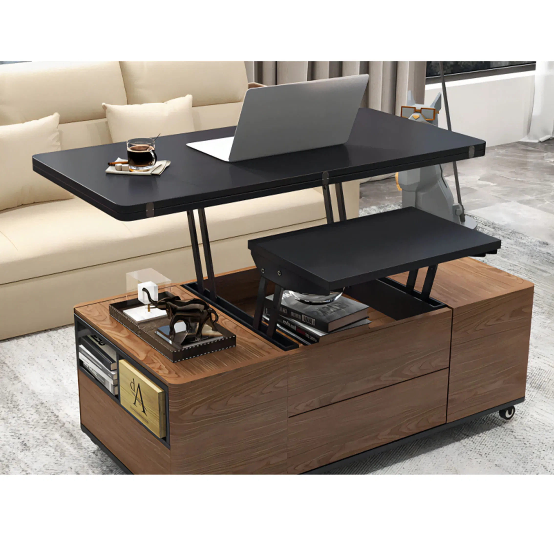 Coffee Table with Lift Top Wooden High Gloss Multifunctional Marble Luxury Extendable MDF Mechanism Transformer