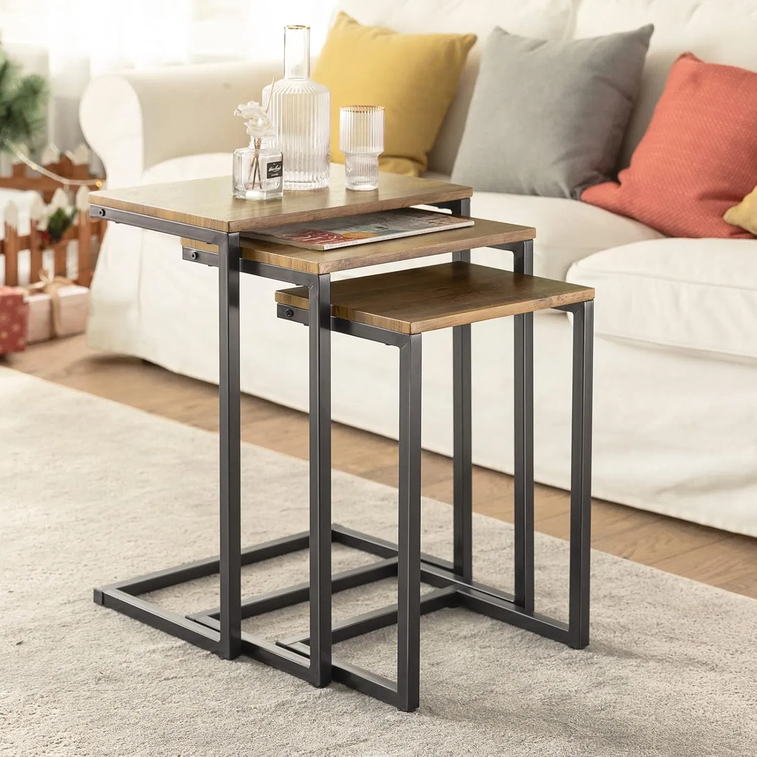 3-Piece Nesting Side Table Set with Wood-Grain Top and Sturdy Metal Frame for Living Room Arrangement