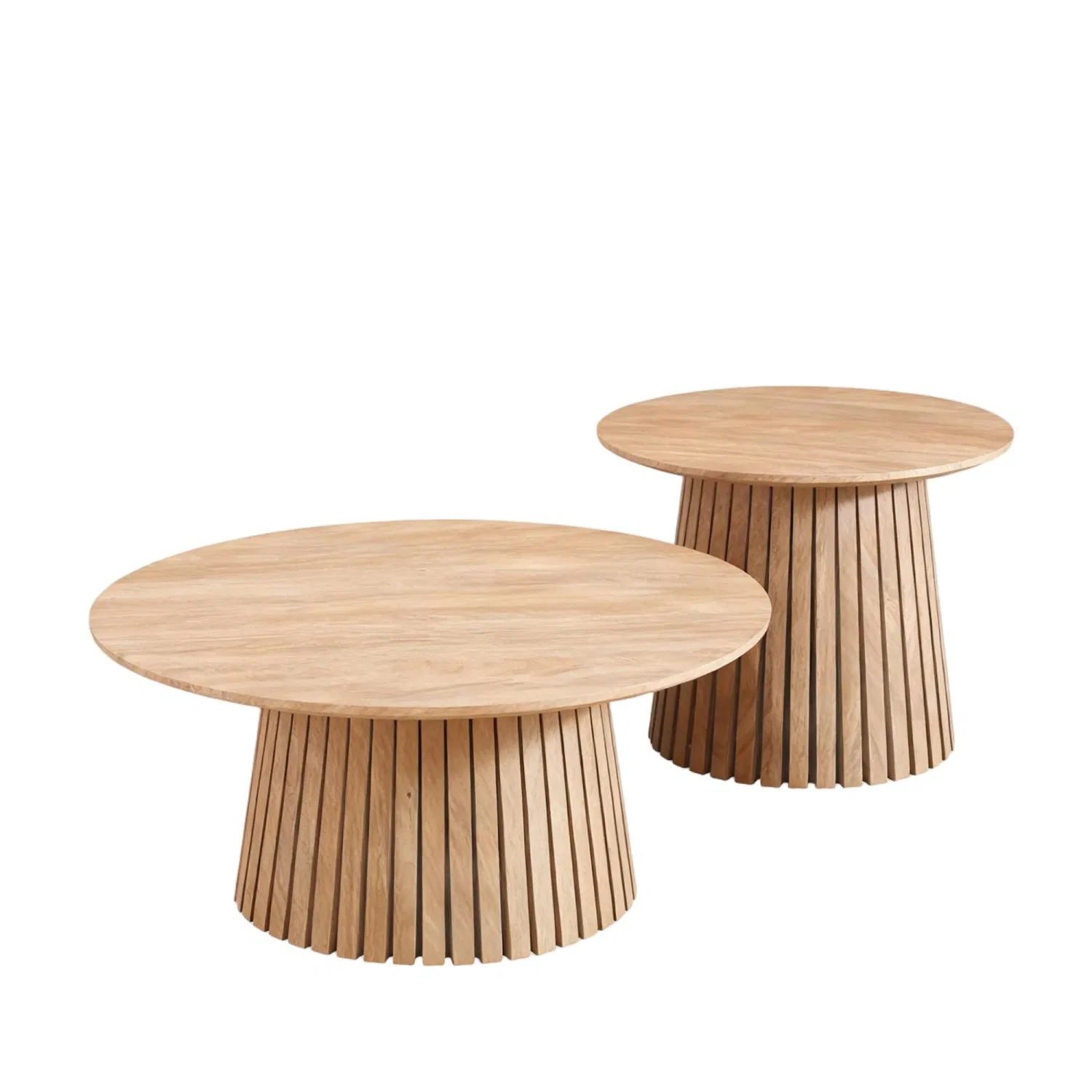 Natural Finish Round Nesting Table Set Ribbed Wooden Base Functional Coffee/Side Tables for Living Room