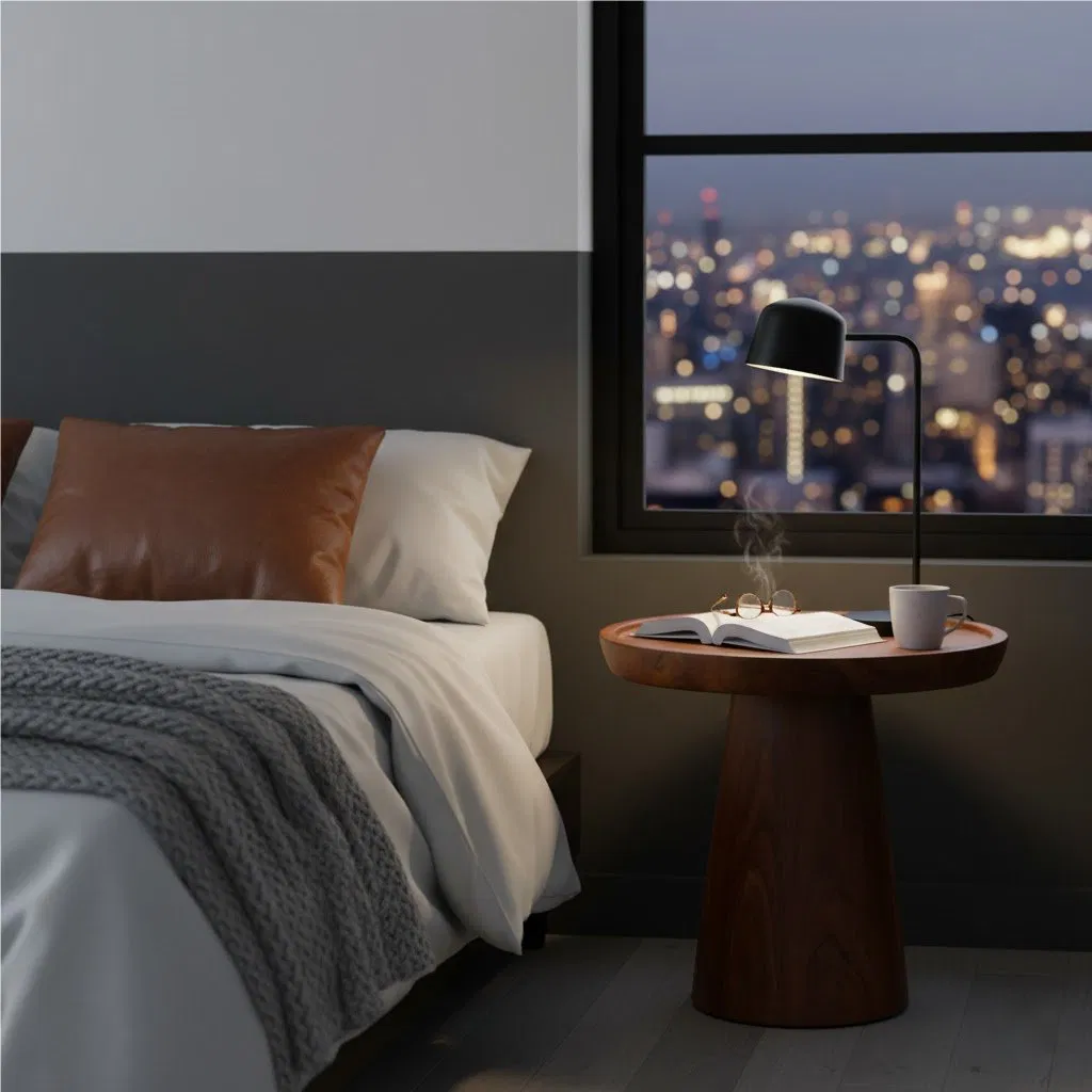 Teak Round Table, Flared Pedestal Base, Modern Accent Side Table