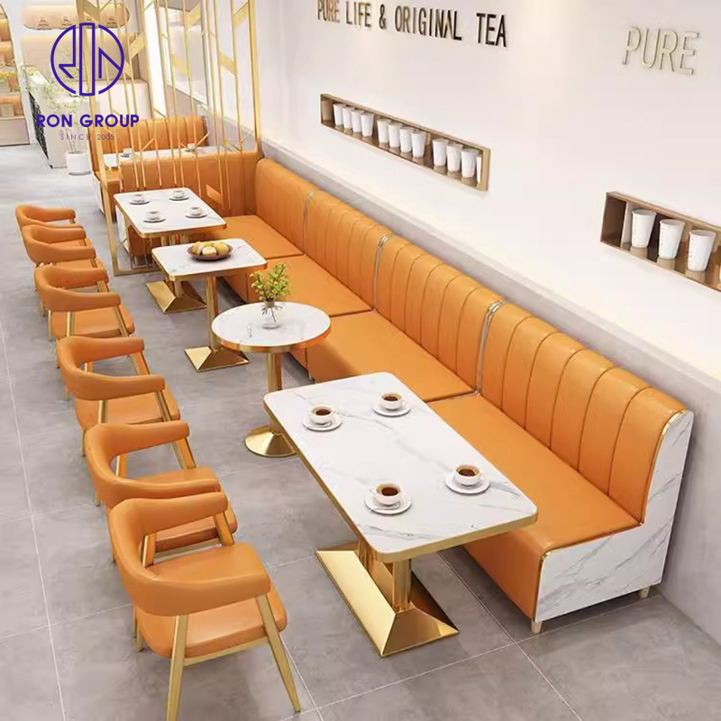 Modern Hotel Leather Square Marble Coffee Shop Cafeteria Commercial High-End Restaurant Booth Sofa Table and Chair Furniture Set for Restaurant