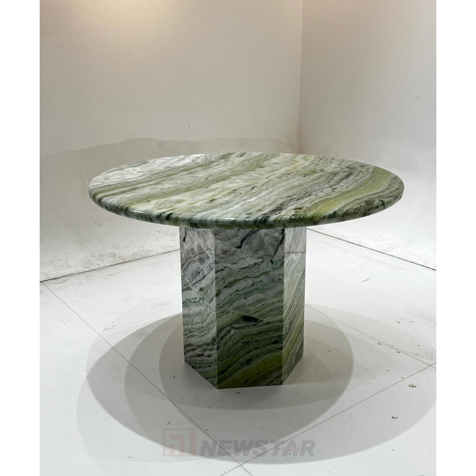 Premium Round Shangrila Marble Dining Table Stone Furniture Hexagon Base Design Modern Light Green Marble Dining Table