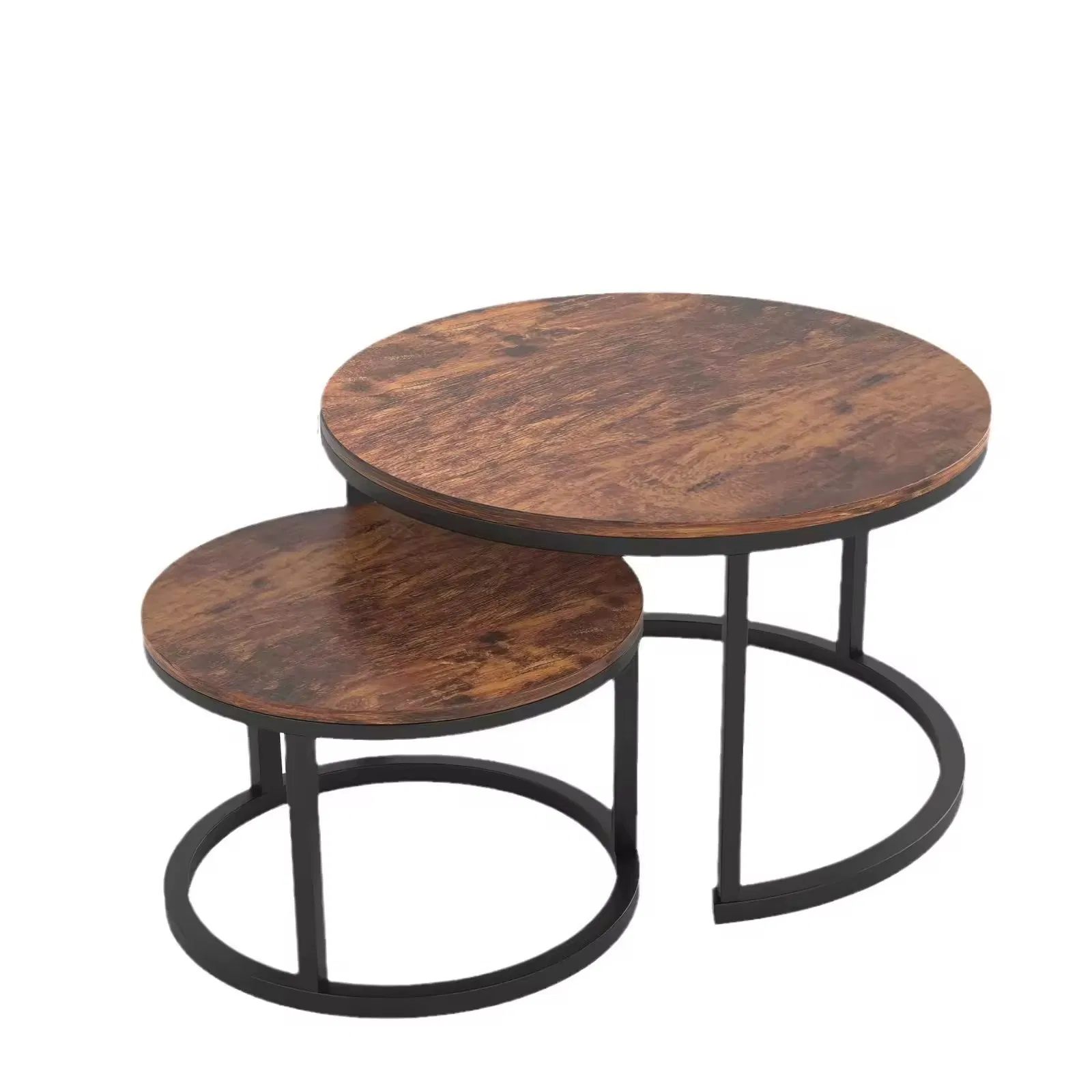 Nested Round Coffee Table with Wood Surface and Sturdy Metal Legs