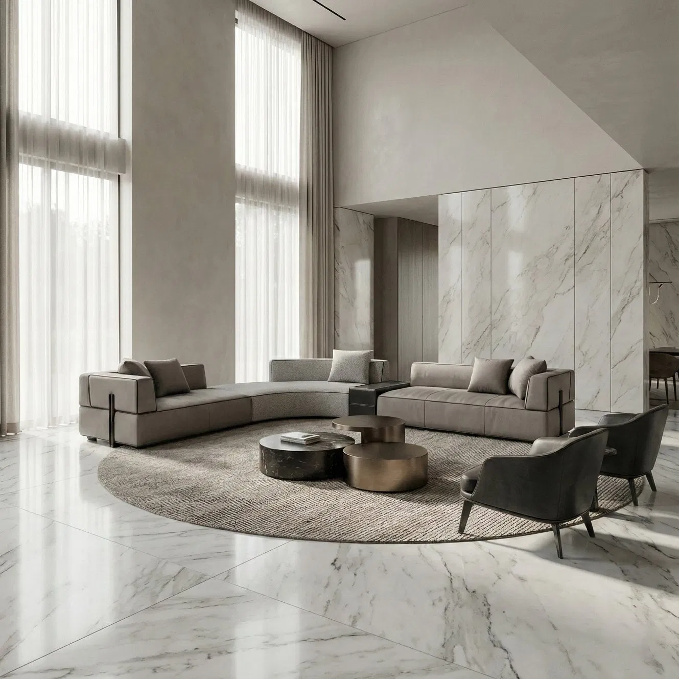 High End Modern Living Room Set Curved Sectional Sofa Set with Round Marble Coffee Table