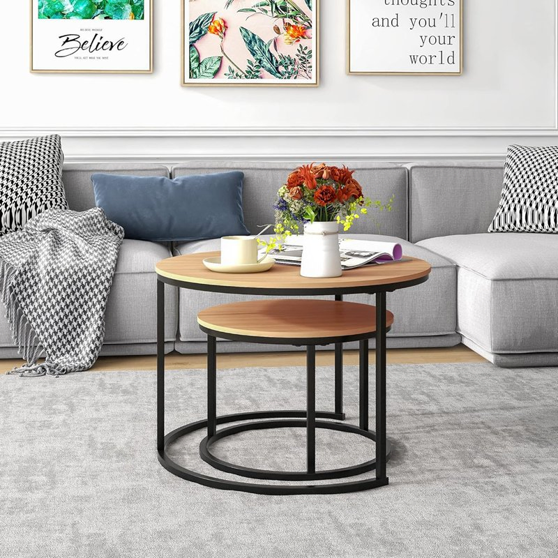Brown Wood Nesting Coffee Table Set of 2, Round Coffee Tablewith Adjustable Non-Slip Feet, Industrial End Table Side Tables for Living Room Bedroom Balco