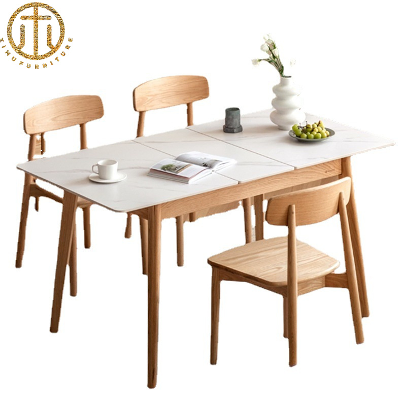 Nordic Red Oak Wood Slate Retractable Extendable Dining Table