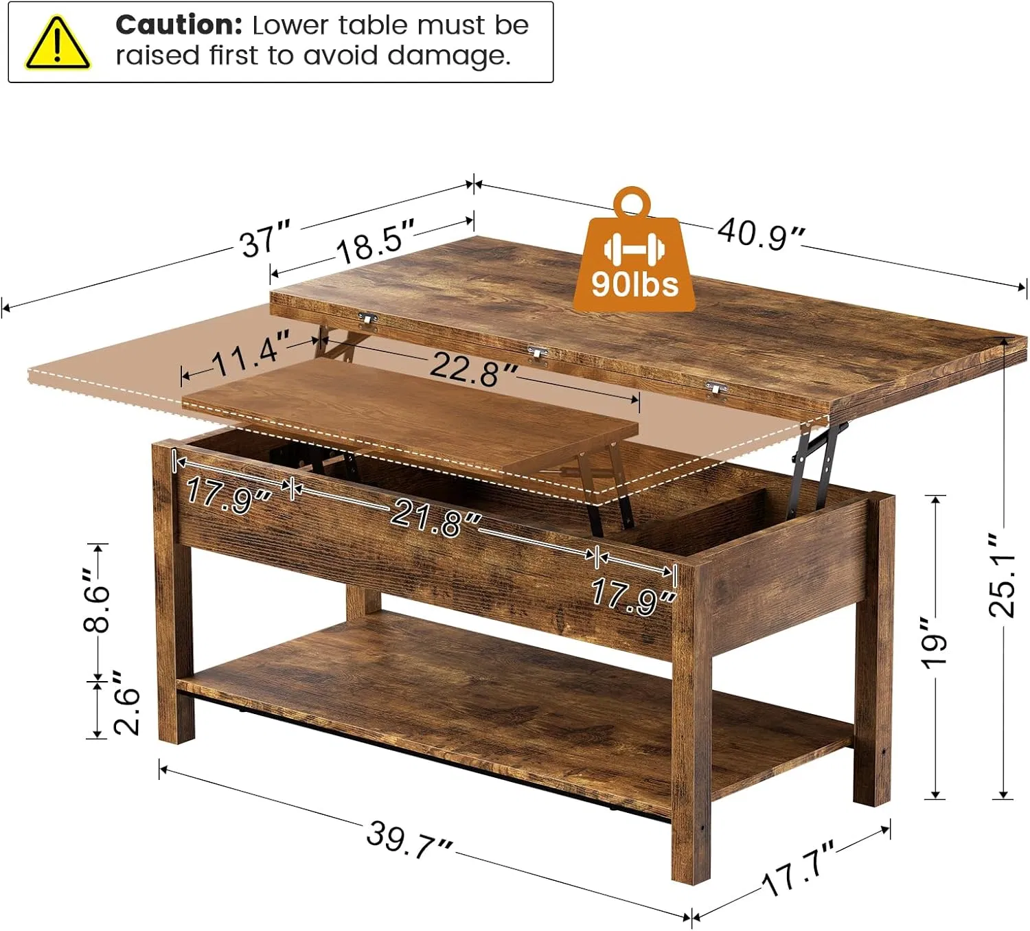 Space-Saving Coffee Table with Two-Way Lift Top, Bookshelf and 90 Lbs Load Capacity