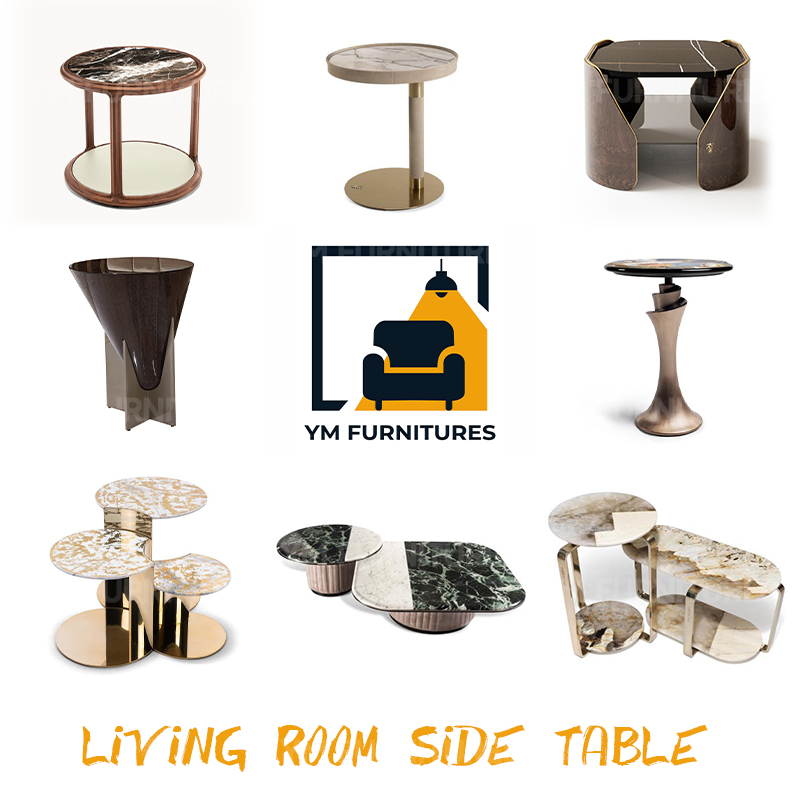 Hotel Lobby Durable Construction Round Steel Marble Accent Black End Side Table