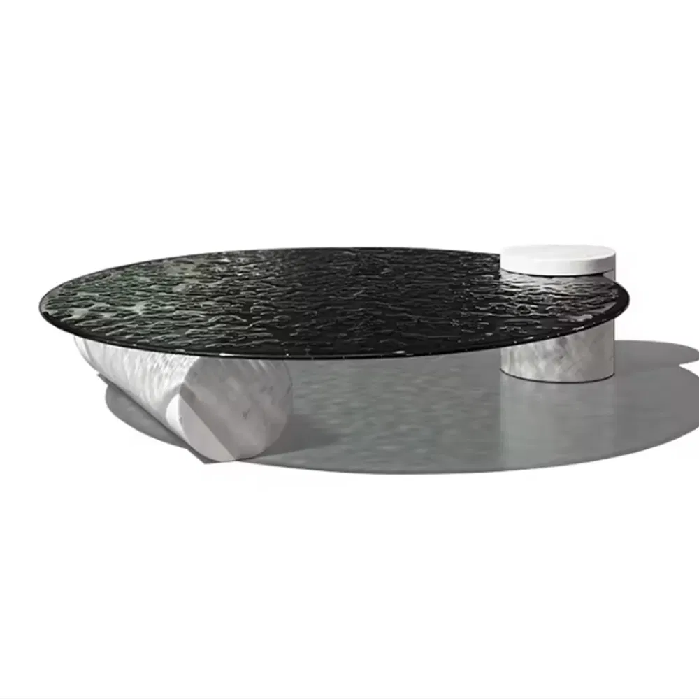 Gedo Modern Water Ripple Tempered Round Glass Top Coffee Table with Marble Cylinder Legs