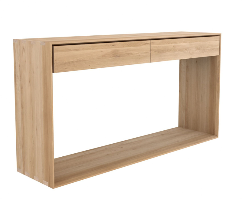 Nordic Natural Solid Oak Console Table with One Tier Storage Shelf and 2 Drawer, Narrow Hallway Dressing Desk Makeup Table for Living Room, Bedroom Furniture