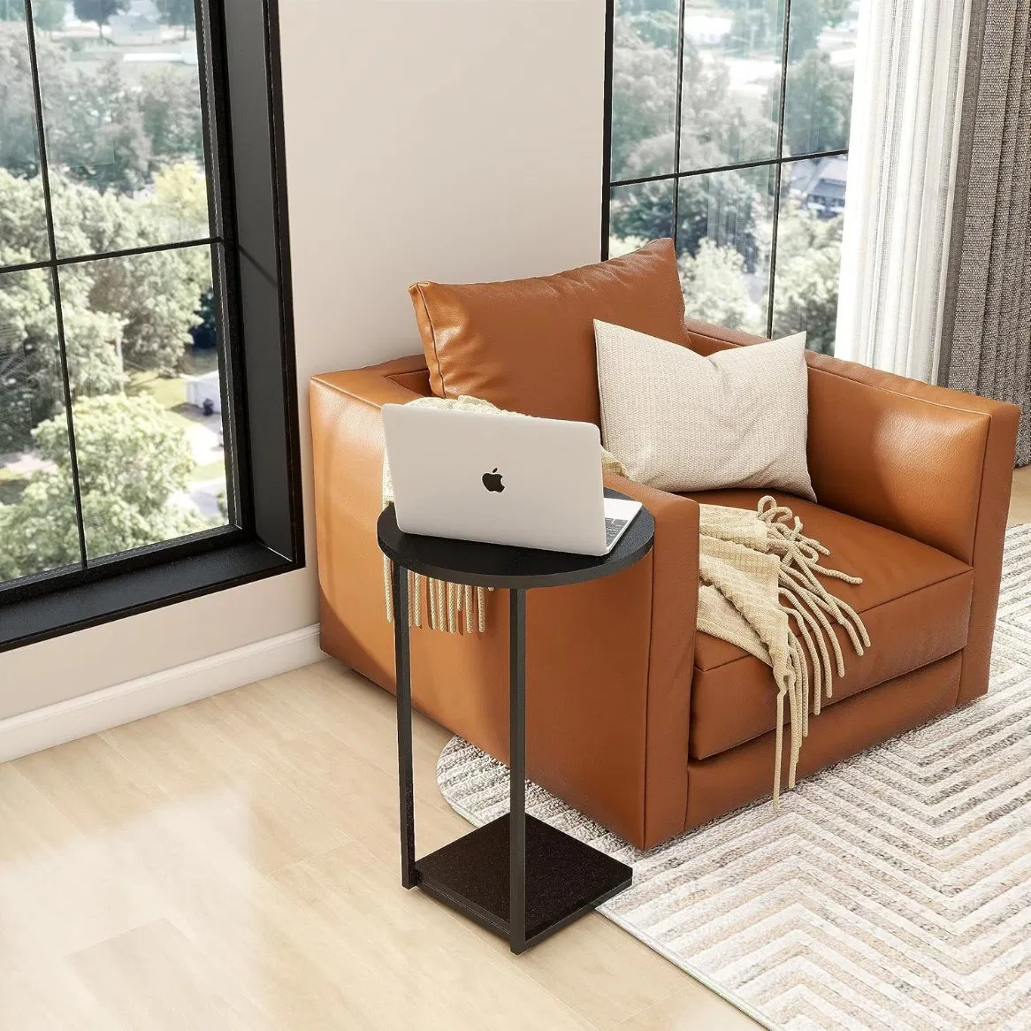 Modern Grey Coffee Nesting Table with Metal Top Round Sofa Side Table for Living Room Home Use