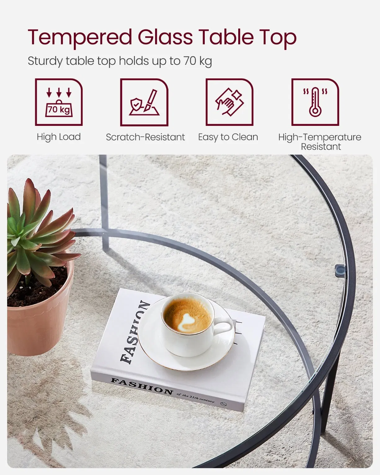 Modern Round Tempered Glass Accent Coffee Table for Living Room Dining Room Tea Metal Frame Side Table