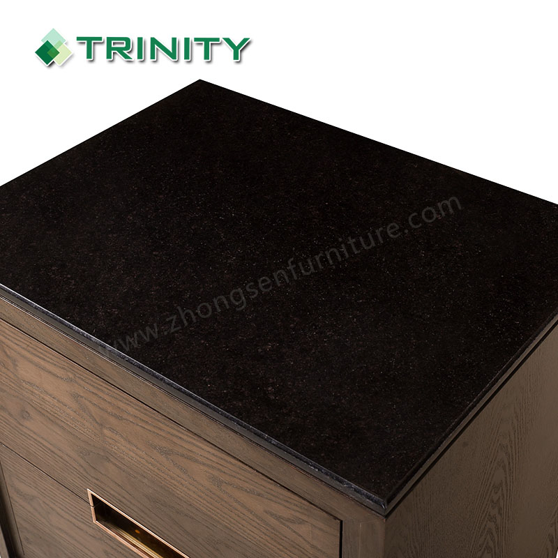 Marble Top Wooden Two Layer Walnut Wood Veneer Bedside Table for Hotel Bedroom